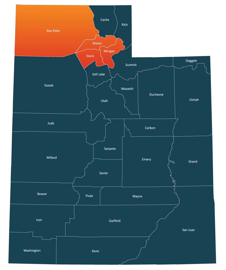 Northern Utah Counties Map showing Box Elder, Weber, Morgan and Davis County.